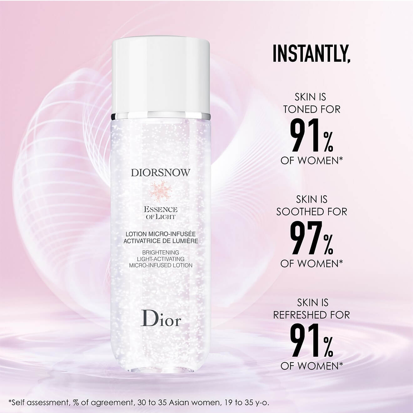 Dior Snow Essence Of Light Brightening Light - Activating Micro-Infused Lotion โลชั่นผสมไนอาซินาไมด์สูตรที่ไม่เคยมีมาก่อน ด้วยเอฟเฟกต์ใหม่ของผิวช่วยให้ผิวชั้นนอกเรียบเนียน ผลัดเซลล์ผิวอ่อนโยนให้ผิวขาวกระจ่างใสสะท้อนแสงในอุดมคติ