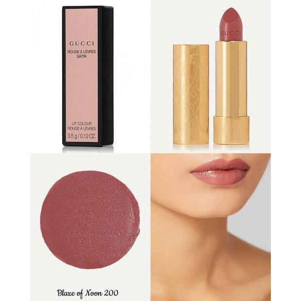 GUCCI Lip Color Rouge A Levres  #200 Blaze Of Noon ลิปสติกเนื้อสัมผัสแบบซาติน ให้สัมผัสเบาสบายปาก แต่พิกเม้นต์แน่นในปาดเดียว เมื่อทาแล้วให้ลุคกึ่งแมตต์กึ่งวาว ริมฝีปากสุขภาพดี