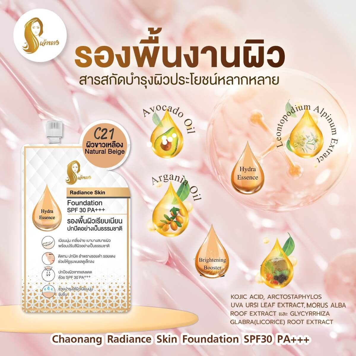 Chaonang,เจ้านาง,ครีมรองพื้น,รองพื้น, Radiance Skin Foundation SPF30 PA+++,รองพื้นผสมกันแดด,SPF30 PA+++,ครีมกันแดด